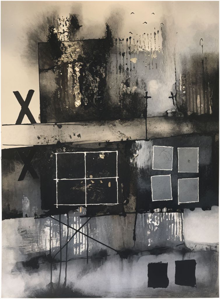 Abstract black and white artwork featuring layered geometric shapes, including two large 'X' marks and several square forms, with textures and splashes of gold and grey.