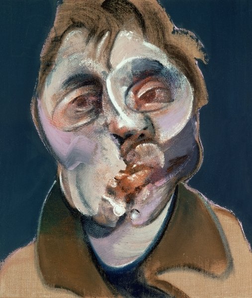 A distorted self-portrait of a person with exaggerated facial features, exhibiting a blend of colours and brush strokes that create an abstract representation against a dark background.