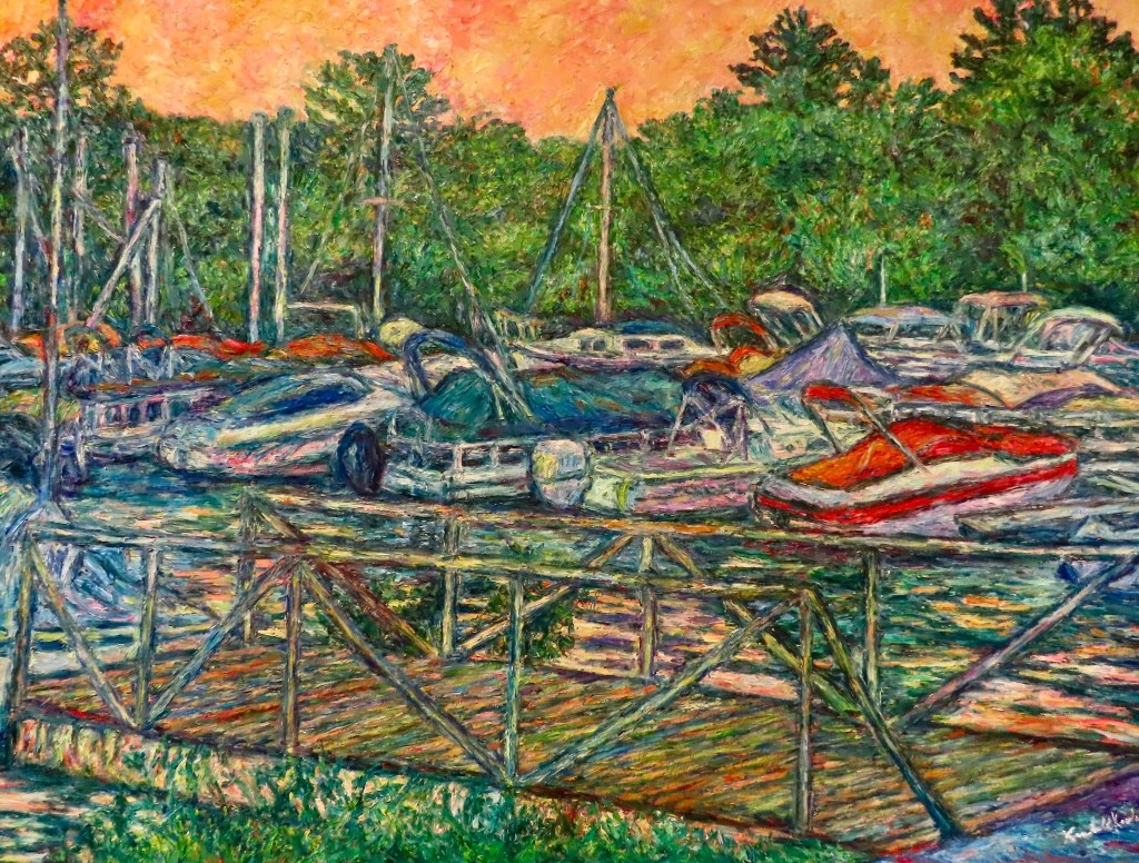 A vibrant painting of a marina with various boats moored, surrounded by lush greenery and a colourful sky at sunset.