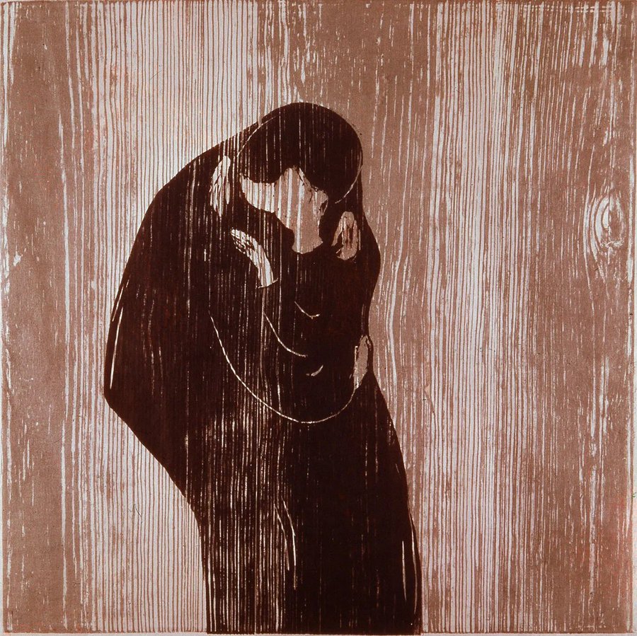 A stylised artwork depicting two figures embracing, with a focus on their faces and intimacy against a textured background resembling wooden lines.